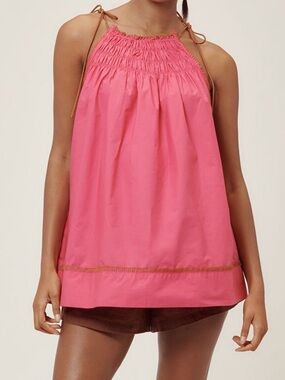 Anthropologie Smocked Tunic Tank Pink Tan Trim Tie Straps SIZE MEDIUM NEW